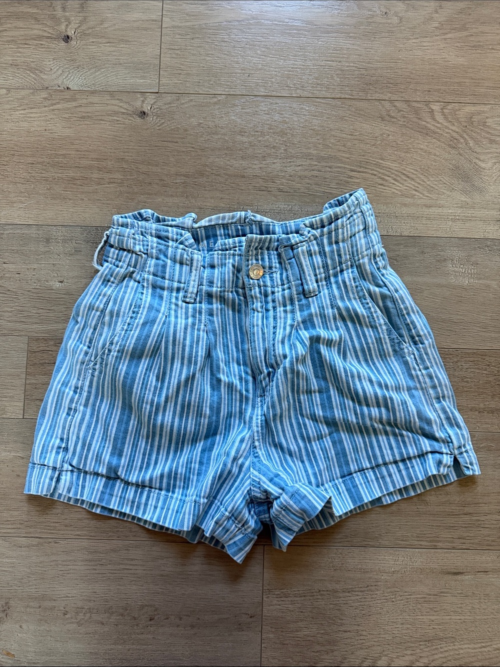 American Eagle Outfitters Light Blue and White Striped High-Waist Shorts